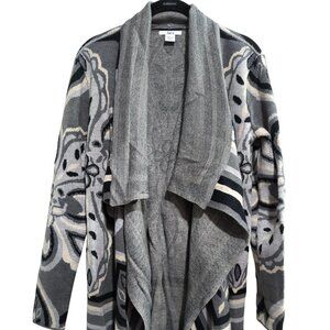 Bar Large Geometric/Paisley Open Front Cardigan Waterfall Drape Gray Black
